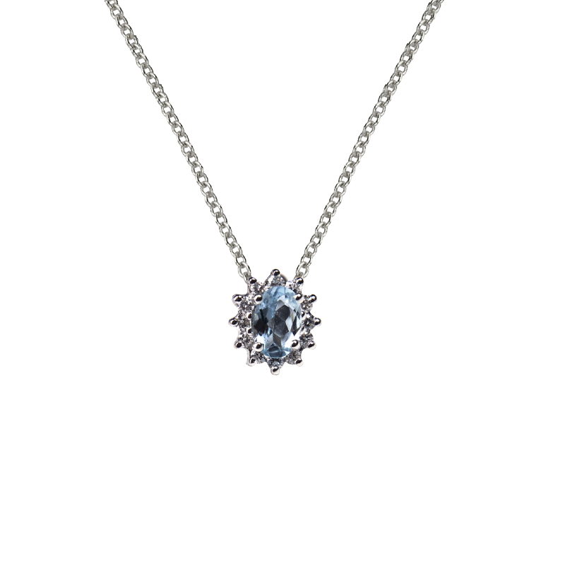 Pendente oro bianco 18K con diamanti e acquamarina