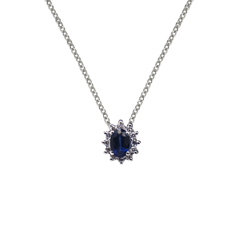 Pendente oro bianco 18K con diamanti e zaffiro TRT