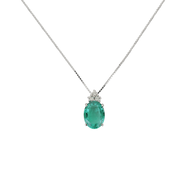 Pendente Oro bianco 18K con Diamanti e Smeraldo Tondo