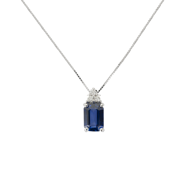Pendente Oro bianco 18K con Diamanti e Zaffiro Quadrato