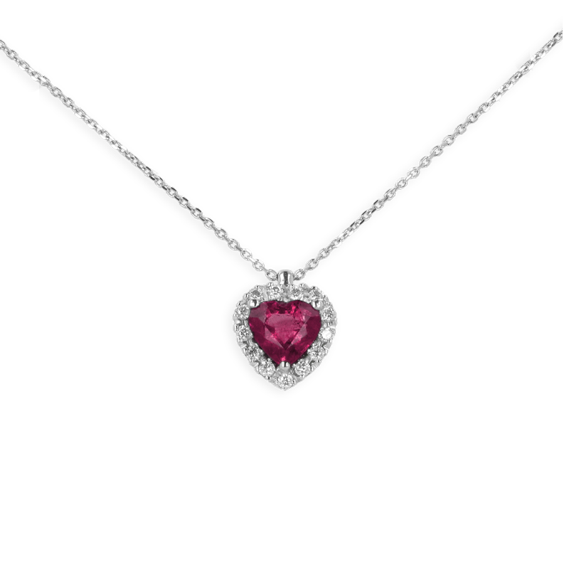 Ciondolo in oro Bianco 18K con Diamanti e Centrale Cuore Rubino