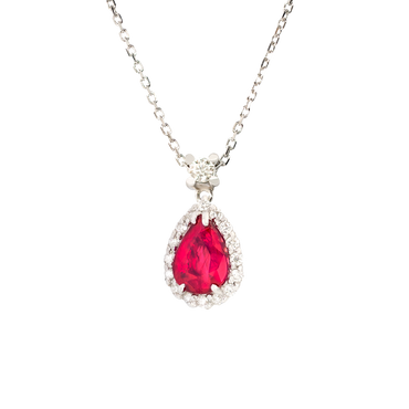 Pendente oro bianco 18K con diamanti con rubino centrale a goccia
