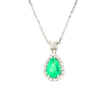 Pendente oro bianco 18K con diamanti con smeraldo centrale a goccia