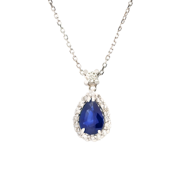 Pendente oro bianco 18K con diamanti con zaffiro centrale a goccia