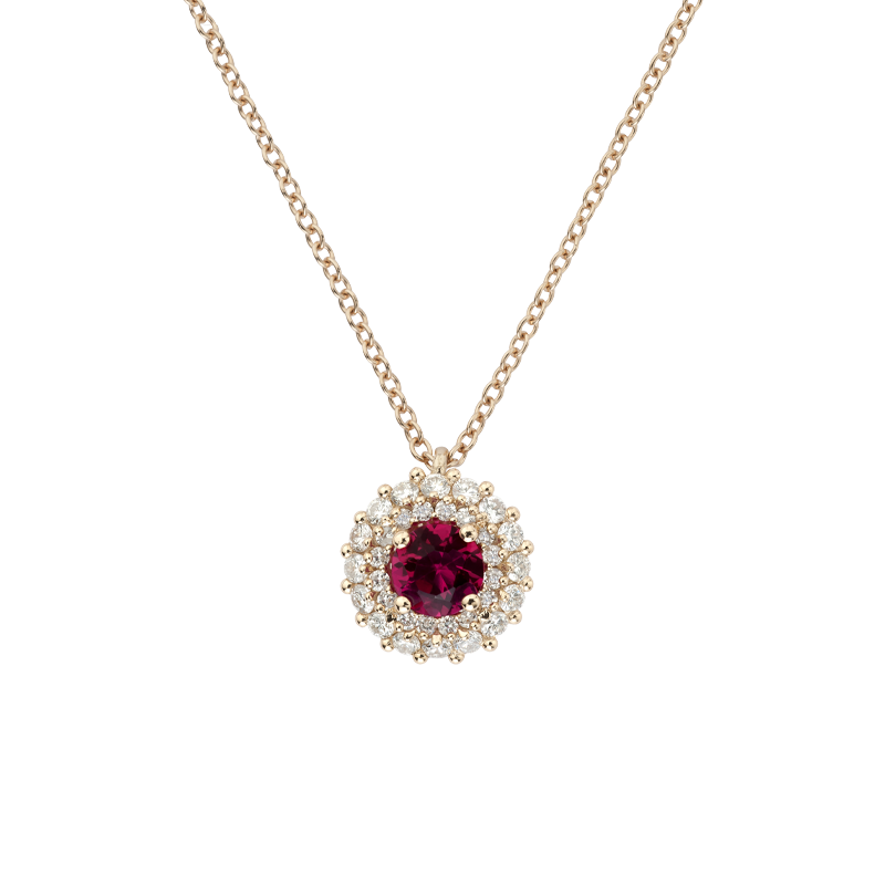 Pendente Contorno Oro rosa 18K con Diamanti e Rubino