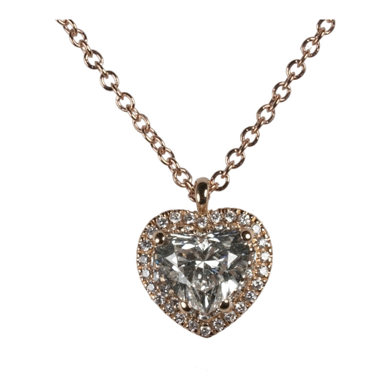 Pendente in oro rosa 18K con diamanti pavè con cuore centrale doppio contorno