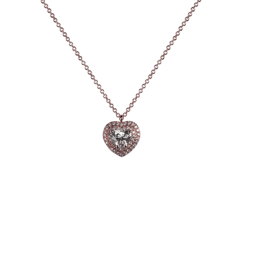 Pendente in oro rosa 18K con diamanti pavè con cuore centrale doppio contorno