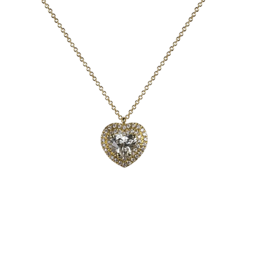 Pendente in oro giallo 18K con diamanti pavè con cuore centrale doppio contorno