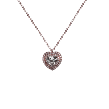 Pendente in oro rosa 18K con diamanti pavè con cuore centrale doppio contorno
