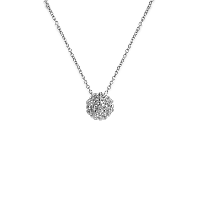 Pendente Oro Bianco 18K con Diamante Centrale e Contorno di Diamanti