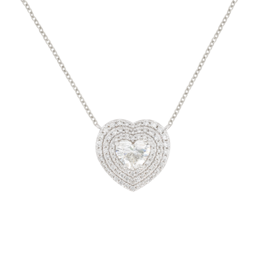 Pendente a spiga oro bianco 18K con diamanti centrali a cuore con contorno di diamanti round