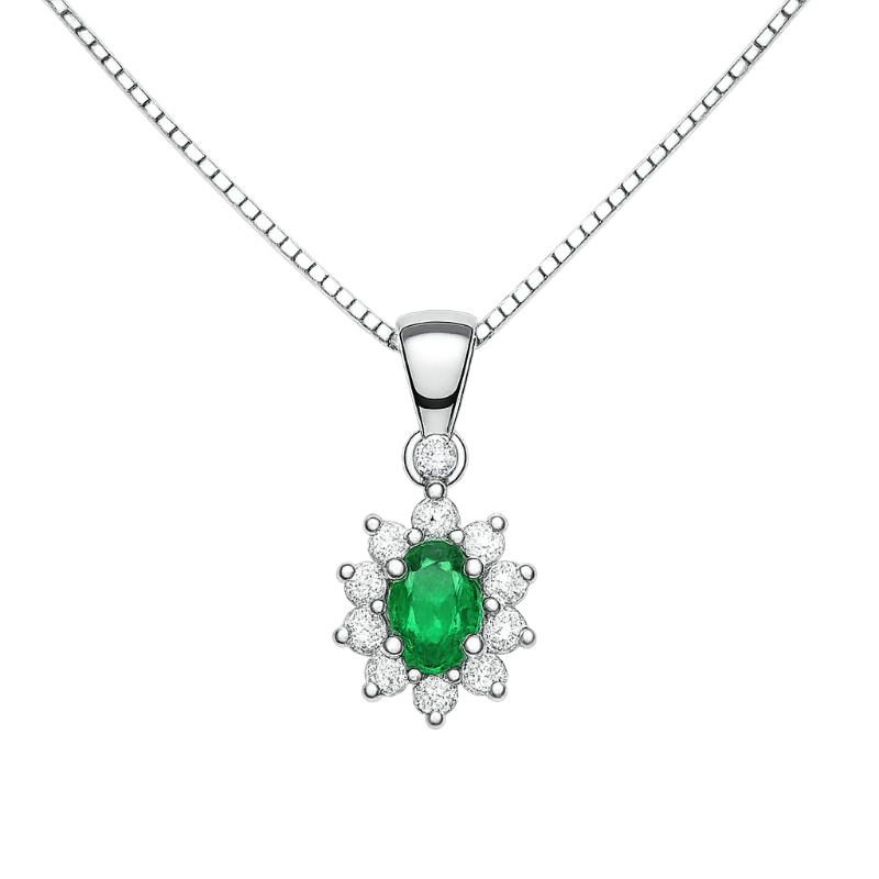 Pendente smeraldo con diamanti e oro bianco 18K