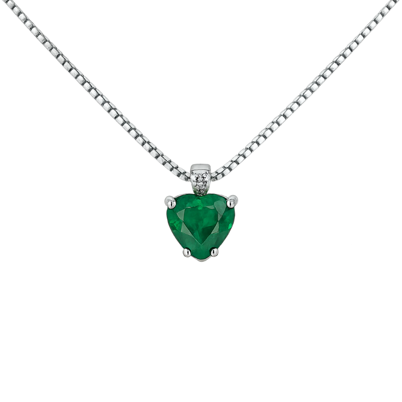 Pendente smeraldo cuore diamanti e oro bianco 18K
