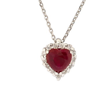 Pendente oro bianco 18K con diamanti con rubino centrale a cuore