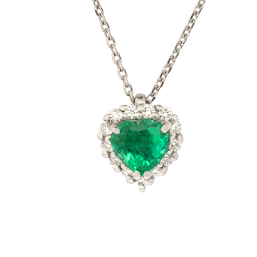 Pendente oro bianco 18K con diamanti con smeraldo centrale a cuore