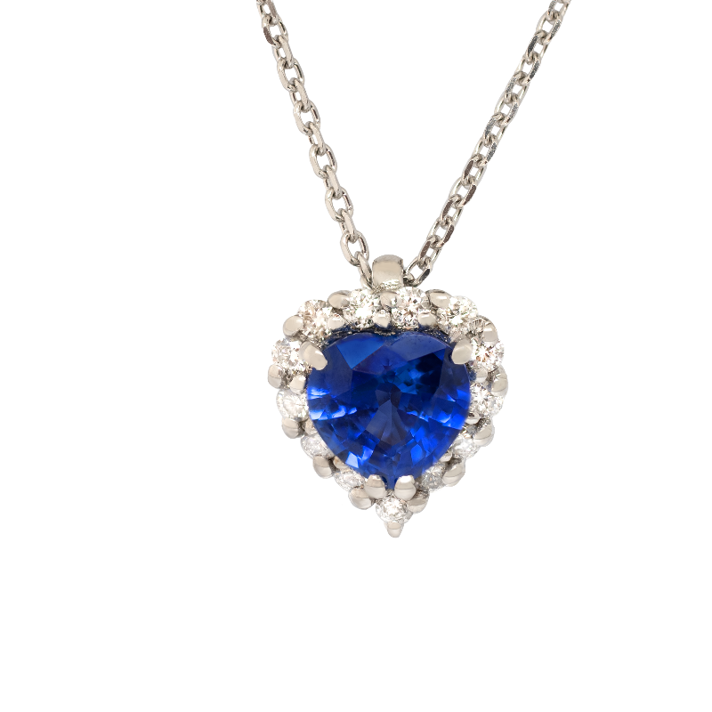 Pendente oro bianco 18K con diamanti con zaffiro centrale a cuore