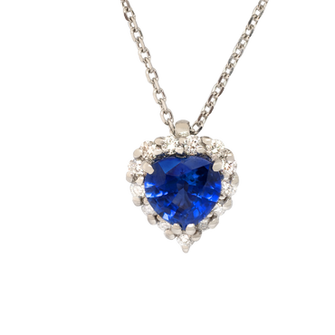 Pendente oro bianco 18K con diamanti con zaffiro centrale a cuore