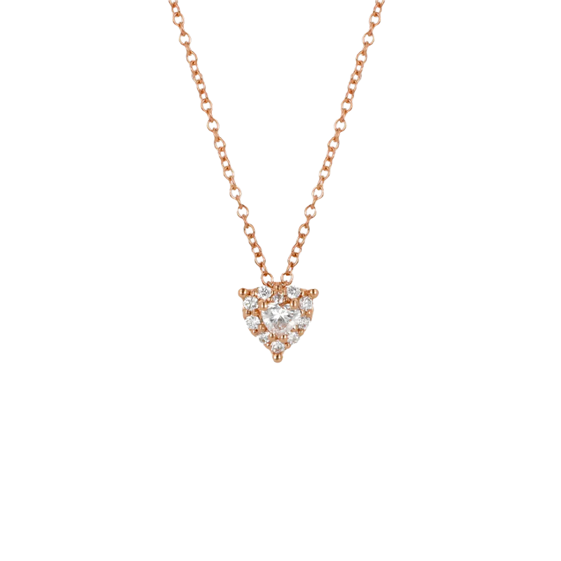 Pendente Oro Rosa 18K con Diamanti Round e Heart Cut
