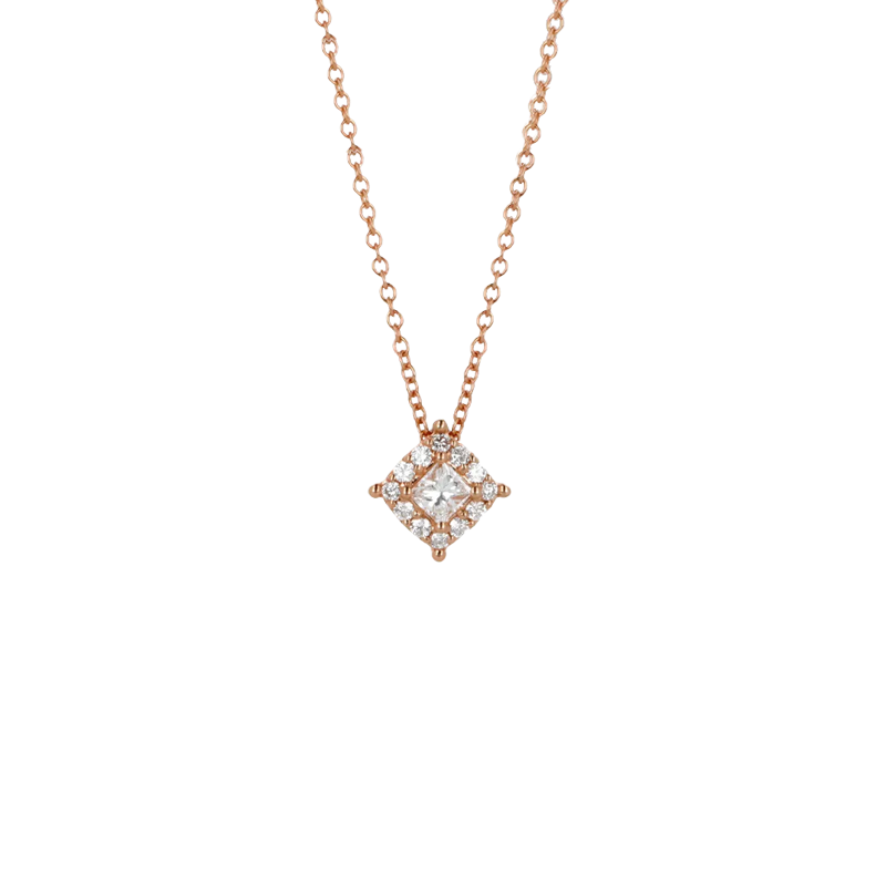 Pendente Oro Rosa 18K con Diamanti Round e Princess Cut