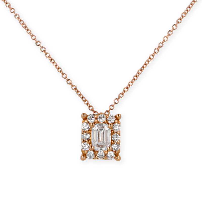 Pendente grande oro rosa e diamanti con centrale emerald cut