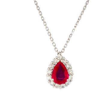 Pendente oro bianco 18K con diamanti con rubino centrale a goccia