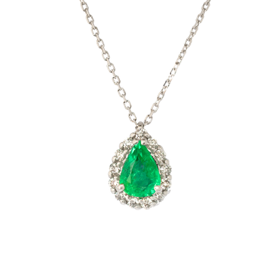 Pendente oro bianco 18K con diamanti con smeraldo centrale a goccia