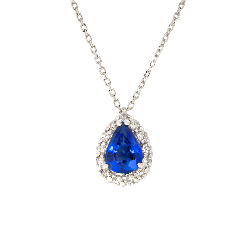 Pendente oro bianco 18K con diamanti con zaffiro centrale a goccia