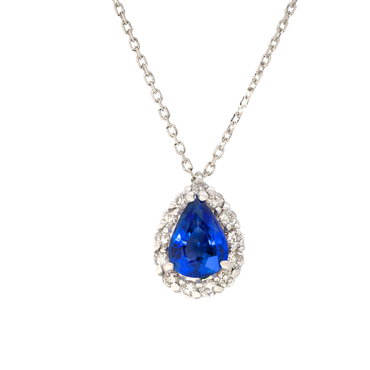Pendente oro bianco 18K con diamanti con zaffiro centrale a goccia