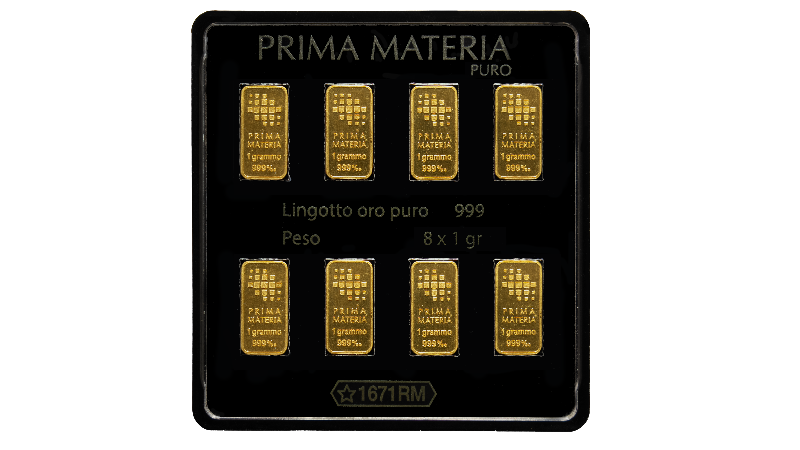 8 lingotti da 1 grammo in oro 999 in blister