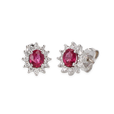 Orecchini Oro bianco 18K con diamanti con centrale rubino
