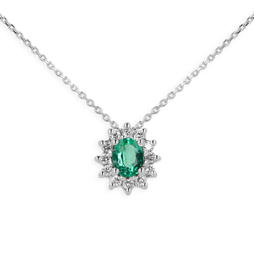 Ciondolo in Oro Bianco 18K Diamanti con Smeraldo Centrale