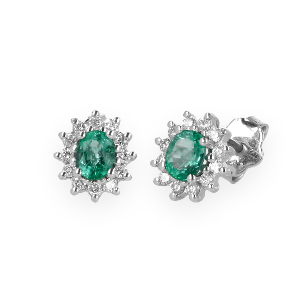Orecchini Oro bianco 18K con diamanti con centrale smeraldo