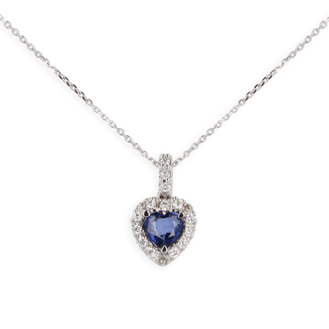 Ciondolo in oro Bianco 18K Diamanti e Centrale Cuore Zaffiro