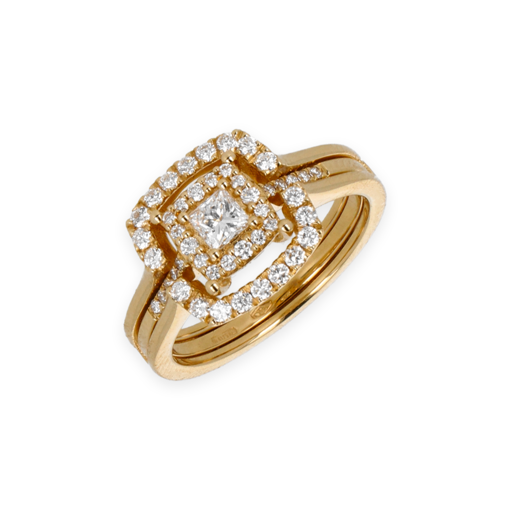 Anello Doppio Contorno Oro Giallo 18K con Diamanti Round e Princess Cut