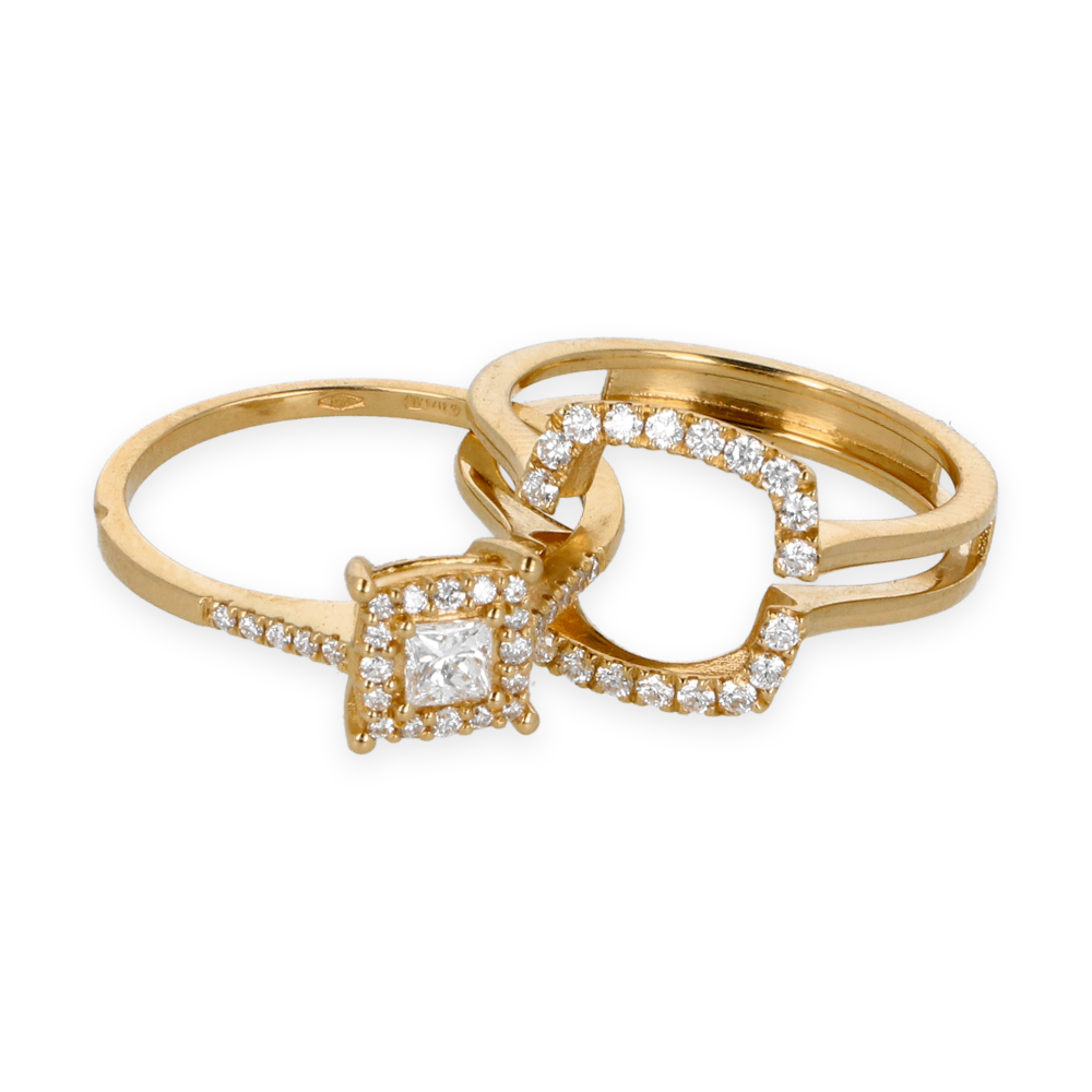 Anello Doppio Contorno Oro Giallo 18K con Diamanti Round e Princess Cut