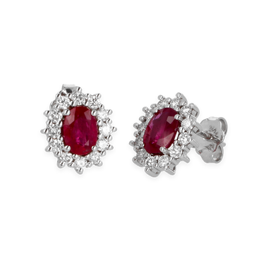 Orecchini Oro bianco 18K con diamanti con centrale rubino