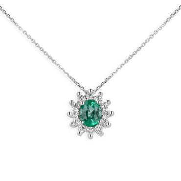 Pendente oro Bianco 18K con Diamanti e Centrale Smeraldo