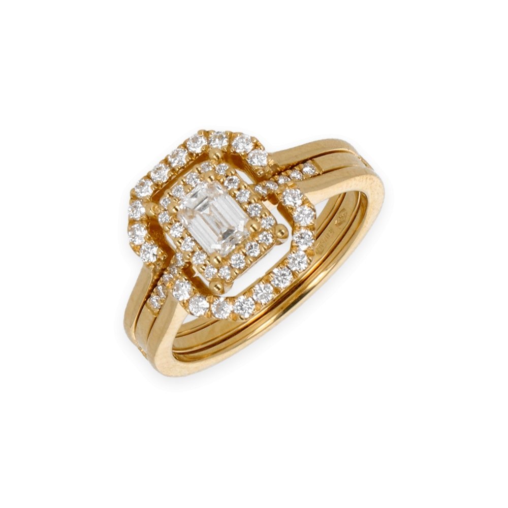 Anello Doppio Contorno Oro Giallo con Diamanti Round e Emerald Cut - Namuri - Il nostro modo di dire amore