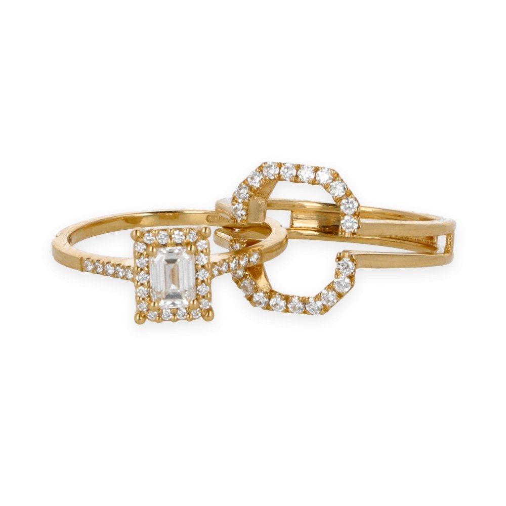 Anello Doppio Contorno Oro Giallo con Diamanti Round e Emerald Cut - Namuri - Il nostro modo di dire amore